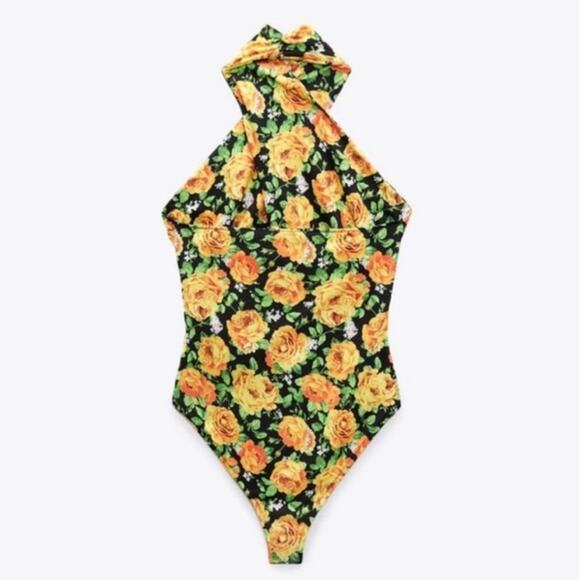 NWT Zara Bodysuit Womens L Yellow Floral Halter Neck Backless Boho Feminine - Picture 4 of 8